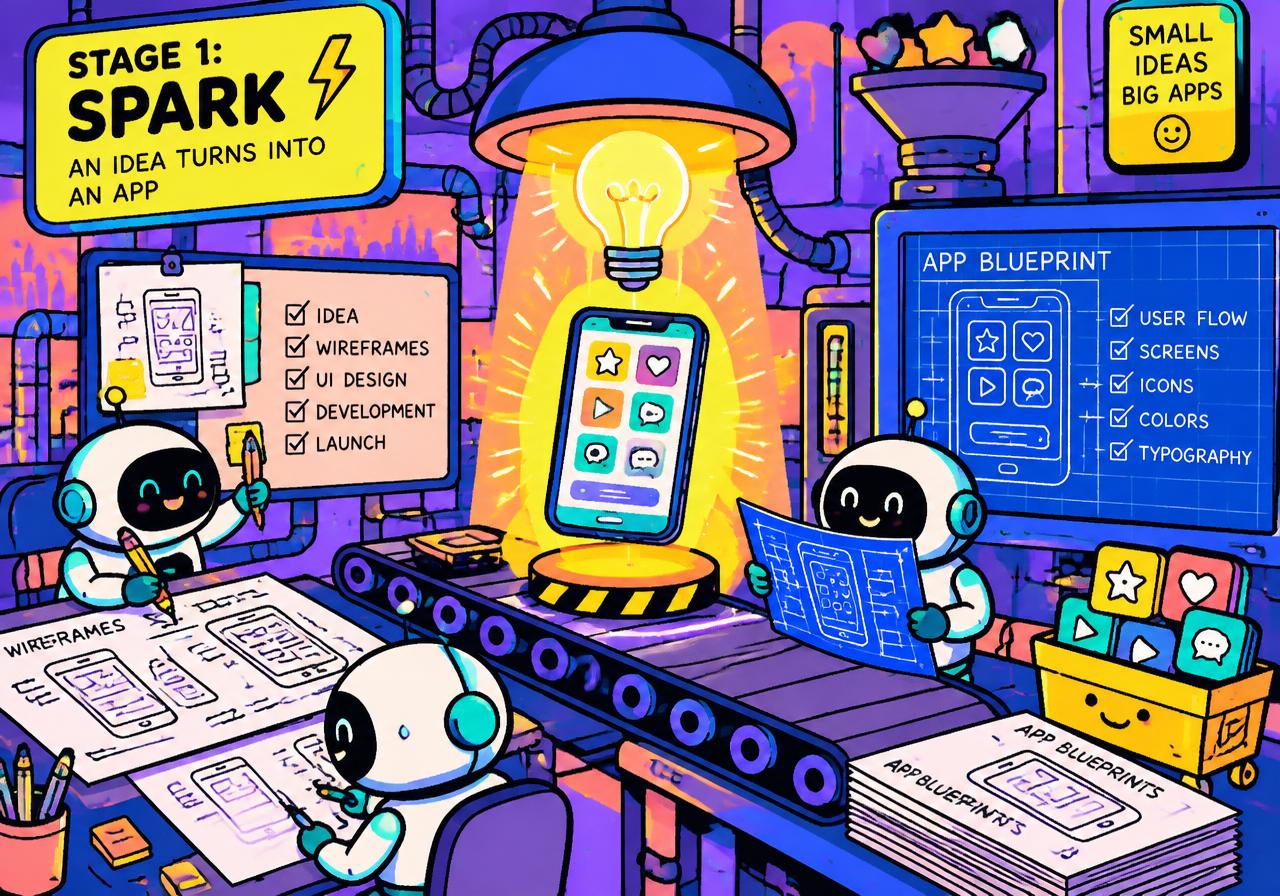 The spark: A lightbulb pops. Robots grab pencils. An app is born.