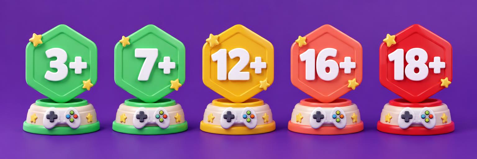 Playful age-rating illustrations: 3+, 7+, 12+, 16+ and 18+