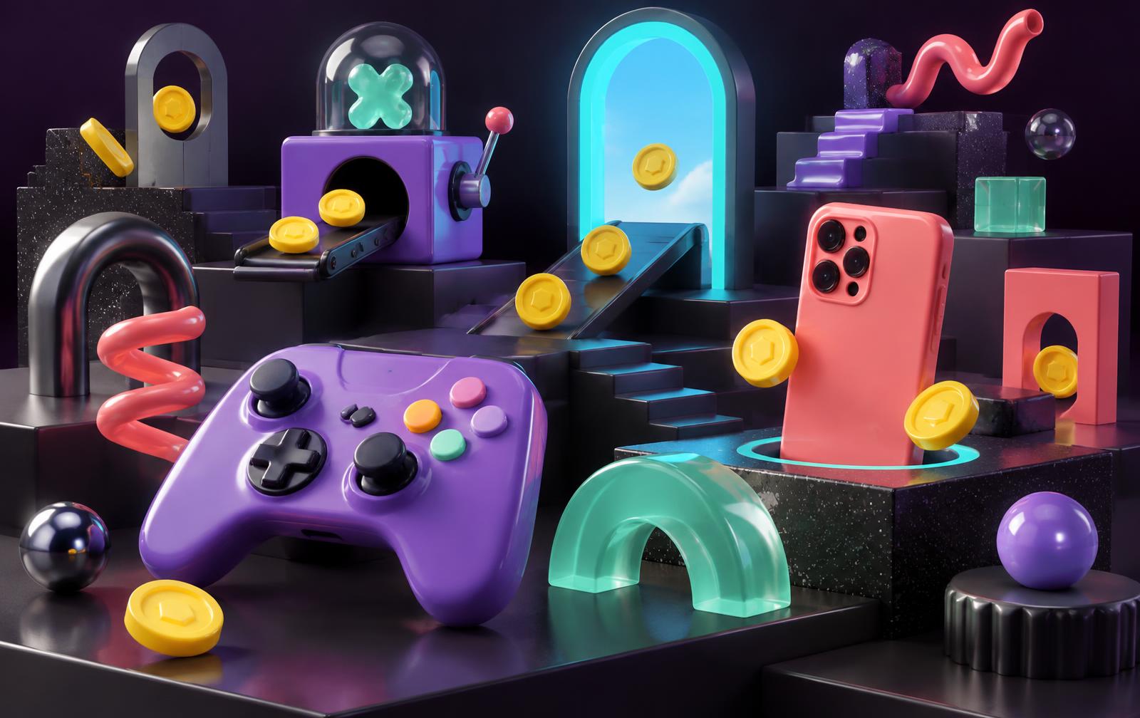 A playful 3D workshop filled with game controls and digital objects